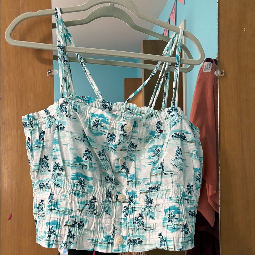 Tommy Hilfiger White & Teal Palm Print Cropped Tank Top